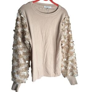 Sioni Milano Sweater Embellished Sequin Sleeve Crew Neck Beige Womens Large‎ NWT